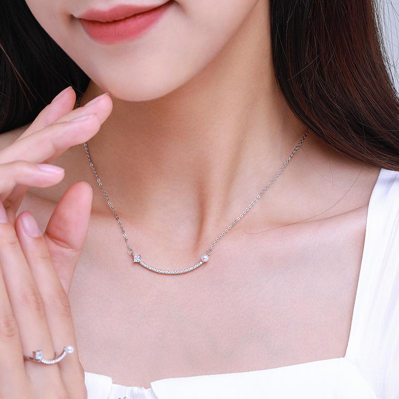 Tancise S925 Sterling Sølv Trendy Smile Pearl Dobbeltlags Halskjede Cool Wind Kravbenskjede Kjede Hals Smykker