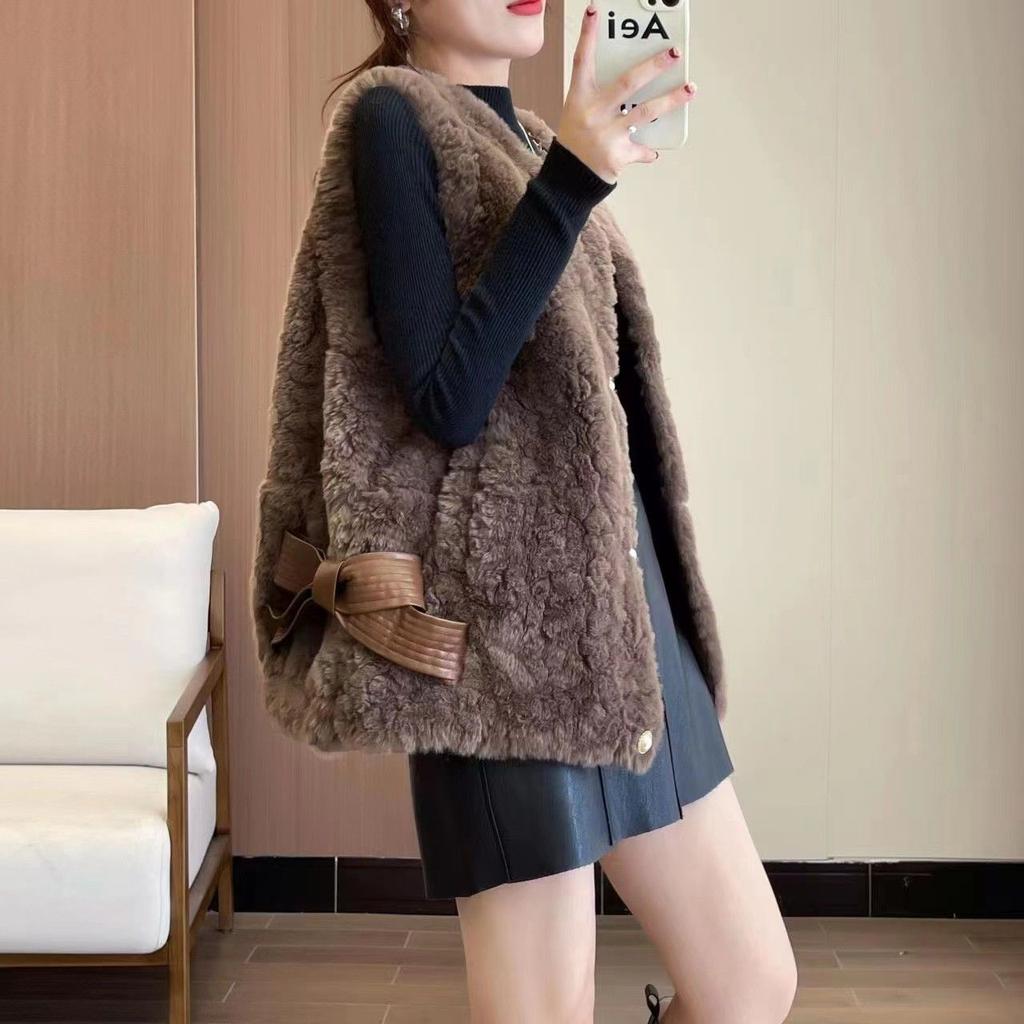 Xiaoxiangfeng Weste aus Kaninchenfellimitat für Damen im Frühjahr und Herbst, neuer Pelz, integrierte Weste aus Kaninchenfellimitat, kragenloser, lockerer Mantel