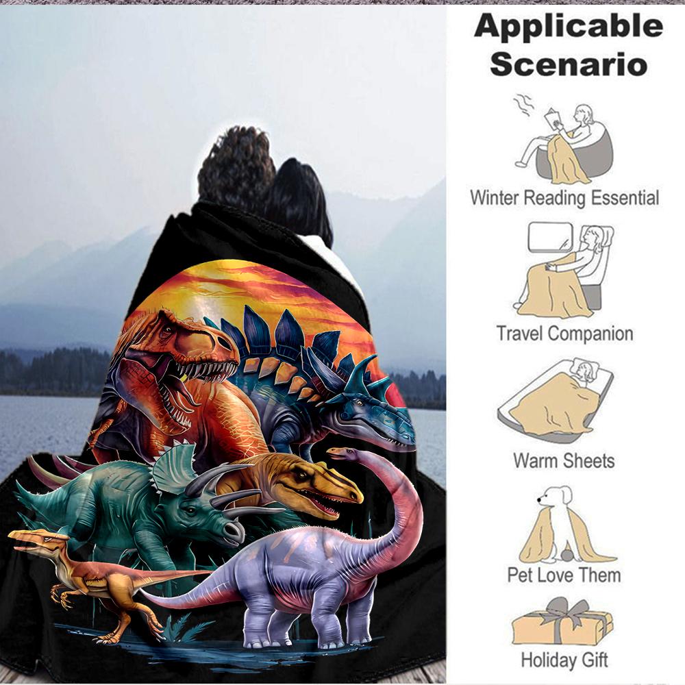 1Pc Dinosaur Sunset Adventure Flannel Blanket, Soft And Comfortable, Casual Warm, Camping Travel, Christmas, Halloween Xmas Gift. G1154