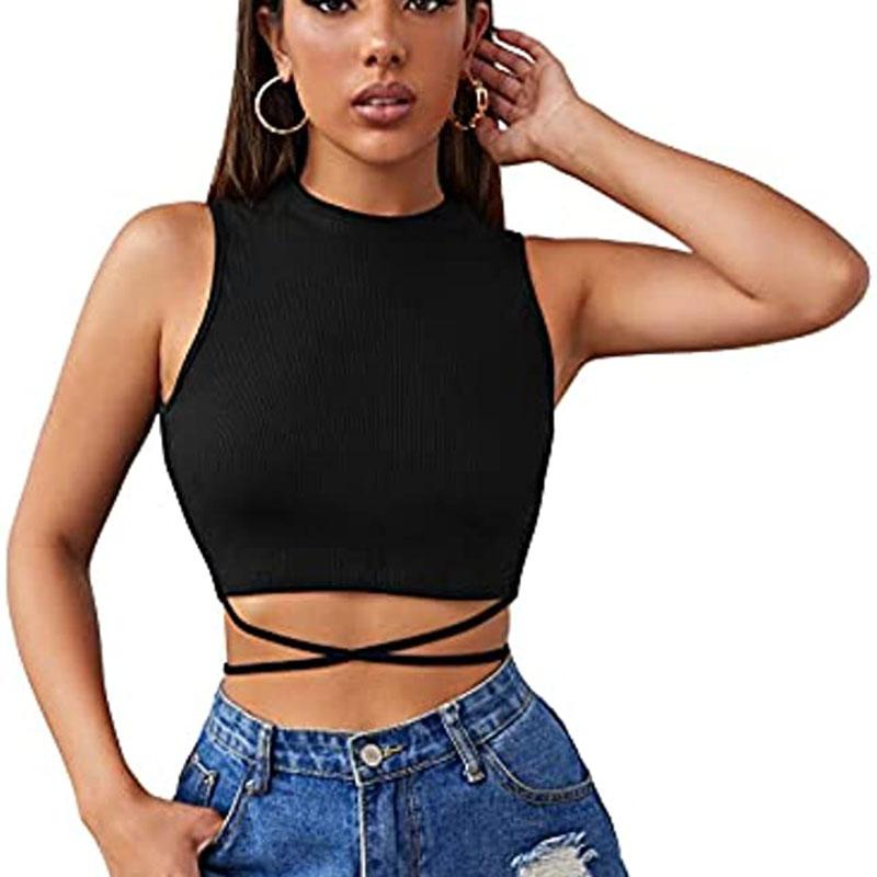 

Женский летний однотонный повязочный жилет без рукавов, повседневный укороченный жилет с голым животом XL чёрный