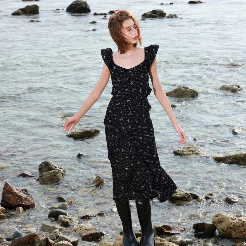 SanCai 2026 Spring Ruffle A-Line Polka Dot Long Dress