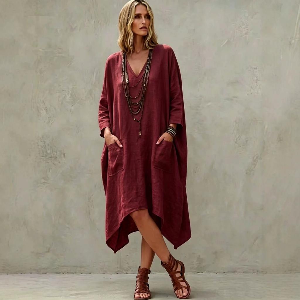 Women's Casual V-Neck Cotton Linen Three-Quarter Sleeve Asymmetric Dress for Everyday Wear