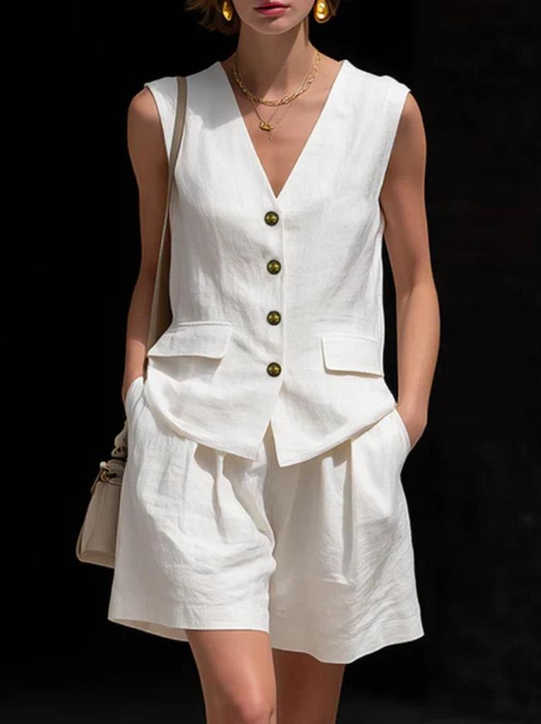European-American Style Women's Cotton-Linen V-Neck Sleeveless Vest and Shorts Summer Set
