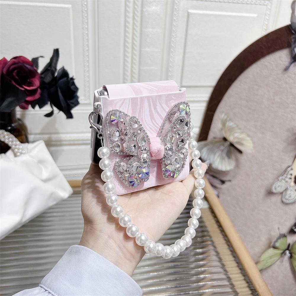 Fantasy Glitter Rhinestone Butterfly Phone Case For Samsung Z Flip 7 6 5 ZFlip 4 3 Pearl Chain Leather Protective Cover