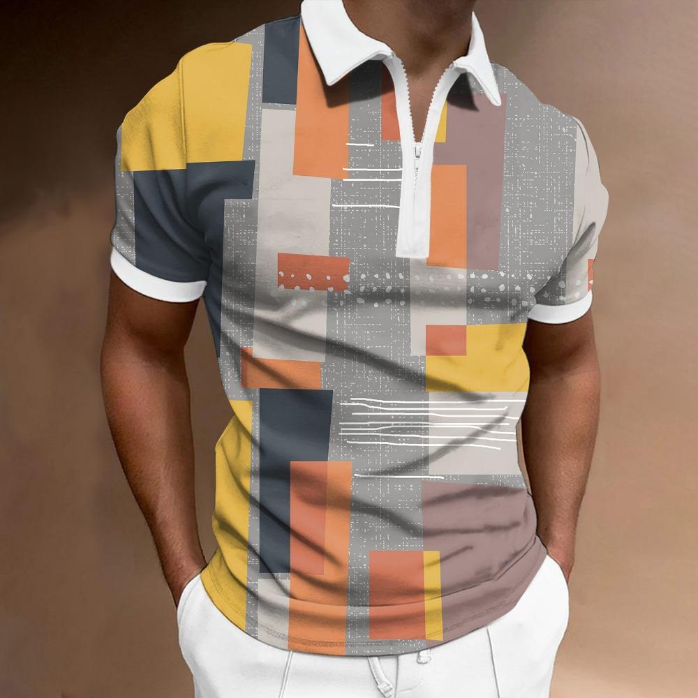 Men's Polo Shirt Business Casual Collar Retro Short Sleeve Zipper Golf Top