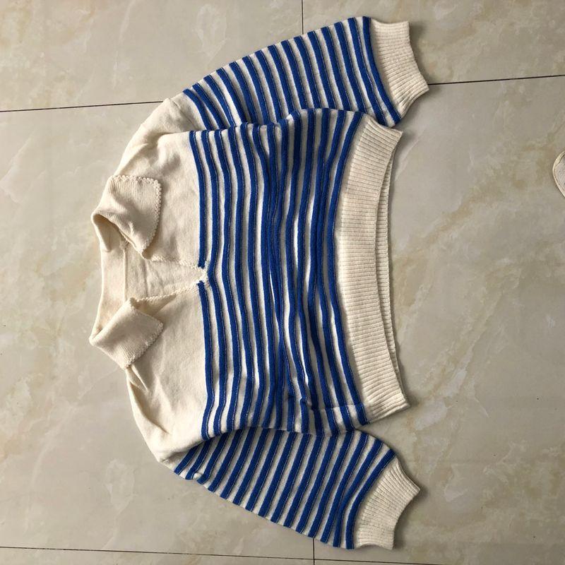 

Color matching Stripes Sweater Fall and winter New arrival Export women s clothing K-style Loose turn V Neck pullover Long sleeves Sweater 32659 Midiblue Strip C-8-10-1 M