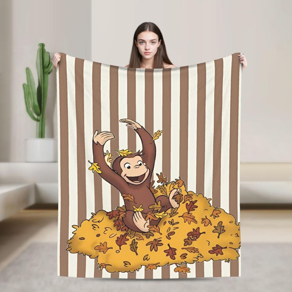 Cartoon Curious George Flannel Blanket  Soft Warm Throw Blanket for Couch Chair Decorative Funny Bedspread Sofa Bed Cover