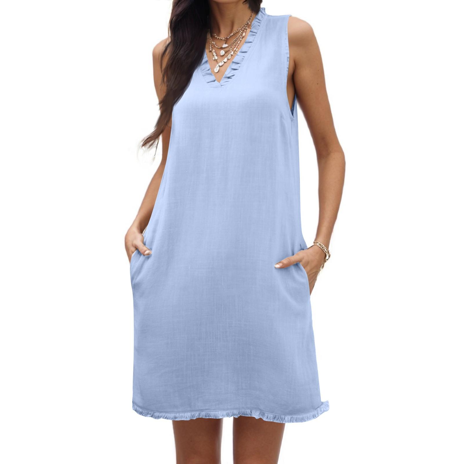 

Женское летнее платье повседневное без рукавов с оборками глубокий V-образный вырез с завязками на карманах M