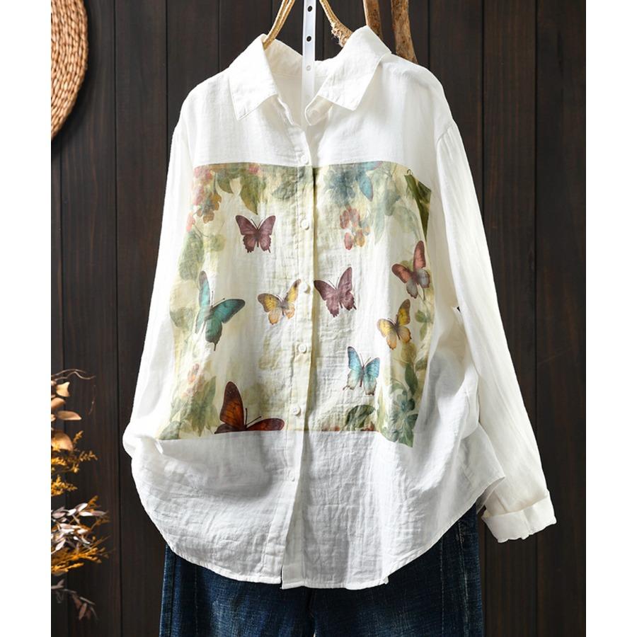 Primavera Otoño Top Blanco Camisas de Hilo de Algodón de Doble Capa Mujer Cuello de Solapa Manga Larga Blusas Estampadas