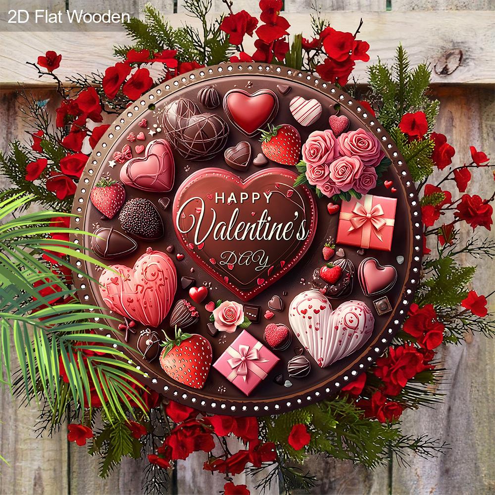 Happy Valentine's Day Chocolate Heart Wooden Sign, Round Front Door Decor, Sweet Treats & Roses Wall Hanging - Ideal Romantic Gift