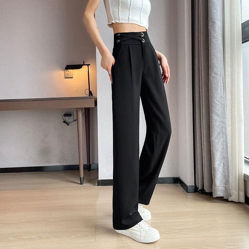 Women's Khaki Wide Leg Ice Silk High Waist Summer Pants
