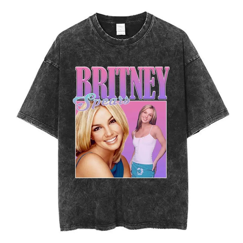 Britney Spears 2000 Tour Vintage Wash Oboustranné Oversized Tričko, Unisex Y2K Pop Fan Streetwear Tričko, 100% Bavlna Ležérní Krátký Rukáv