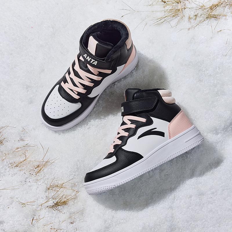 Anta Kids Comfortable Lightweight Shock Absorbing Warm High Top Casual Shoes Kids Casual Shoes Black White Pink A322246932-7
