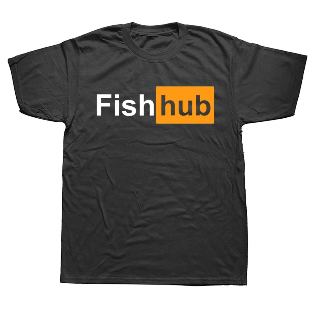 Мужские футболки с принтом Fish Hub, повседневные летние футболки с коротким рукавом, ЧЕРНЫЕ футболки, футболки больших размеров, мужские брендовые футболки, Camiseta 4XL