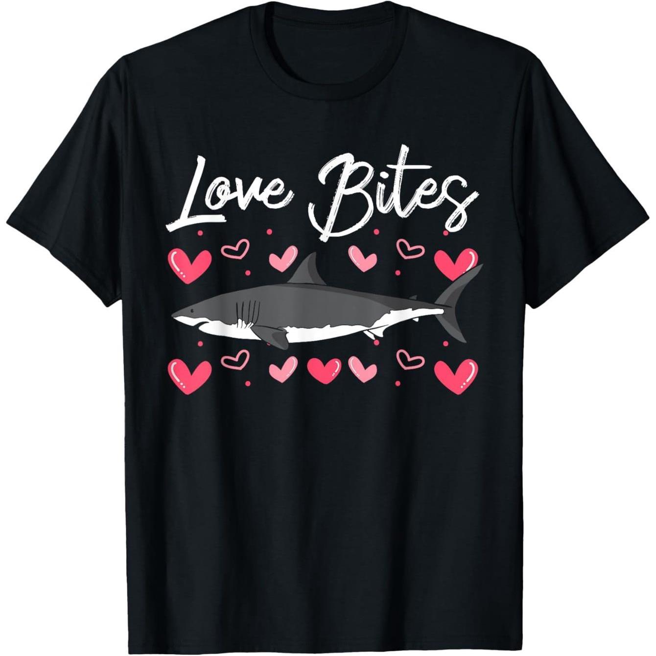 Love Bites Shark Valentine Graphic Tee Cute Shark Hearts Print Casual Cotton T-Shirt for Men Women S