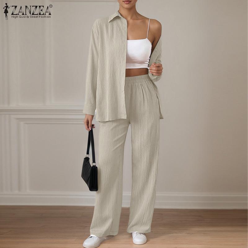 ZANZEA Women Long Sleeve Button Blouse and Pants Casual Two Piece Suit Sets
