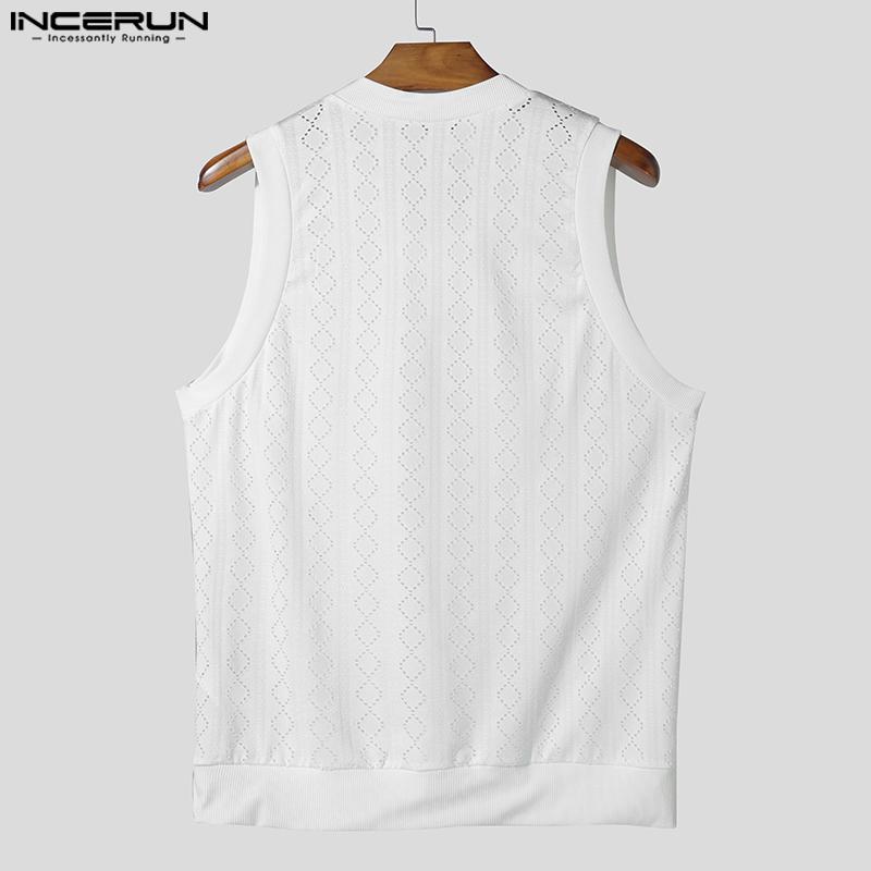 INCERUN Summer Men V Neck Sleeveless Hollow Out Solid Casual Tank Tops