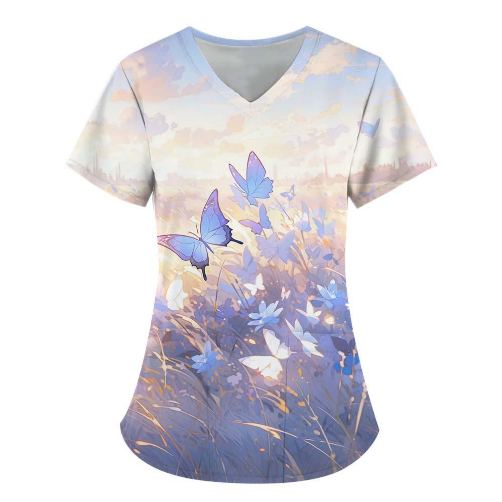 Women's T-shirt V-neck Nurse Uniform Commuting Comfortable Short Sleeved Butterfly Printed T-shirt for Women