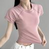 Dynamic Girl's New Summer Style Round Neck Rasp-sleeved Stretch Short-sleeved Solid Color Top