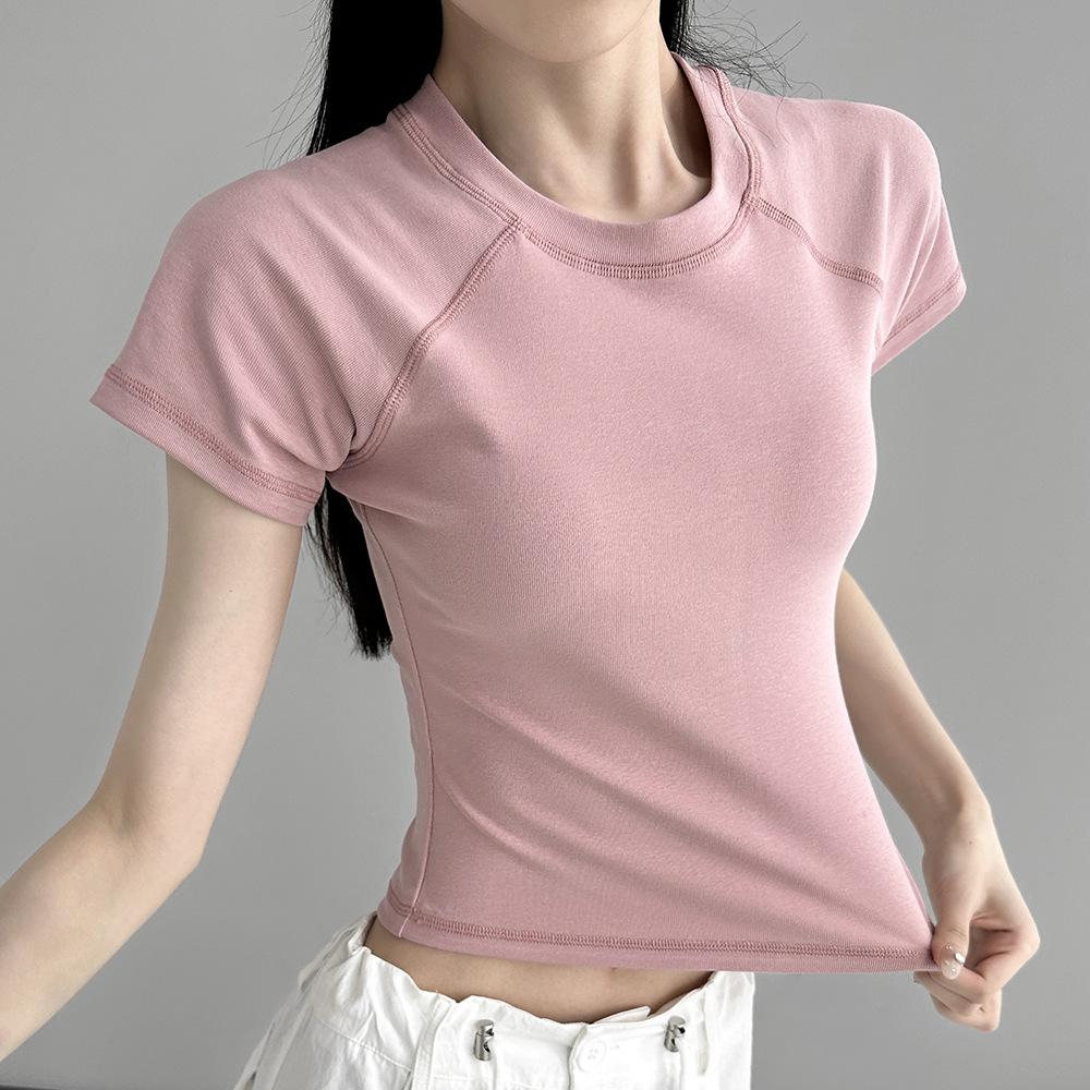 Dynamic Girl's New Summer Style Round Neck Rasp-sleeved Stretch Short-sleeved Solid Color Top
