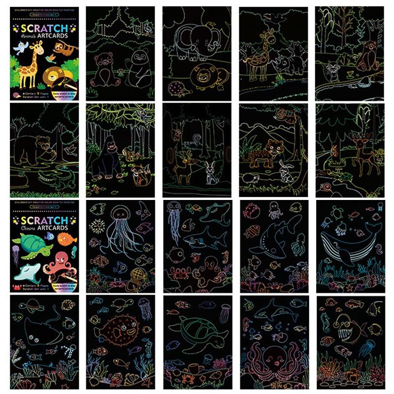 18 PCS Scratch Painting Papers Magic Rainbow Colored Drawing Set Space Animal Ocean Pirate Bamboo Stick Gifts for Boys Girls ZYF
