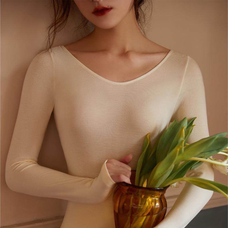Meiyabi Women's High Elastic Thermal Underwear Top - Slim, Thin, Round Neck for Autumn and Winter