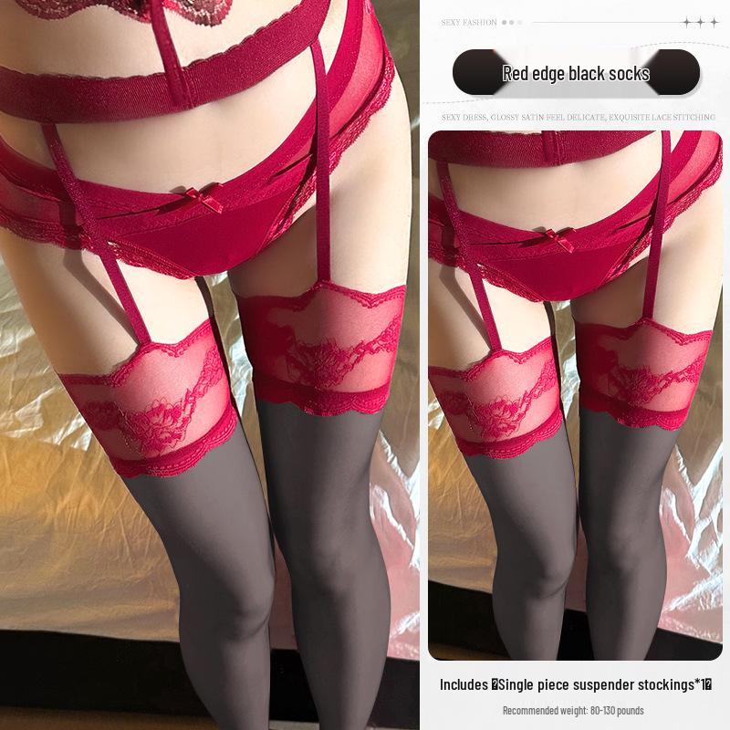Collant Giarrettiera Neri con Bordo Rosso: Calze velate, con inserti, al ginocchio