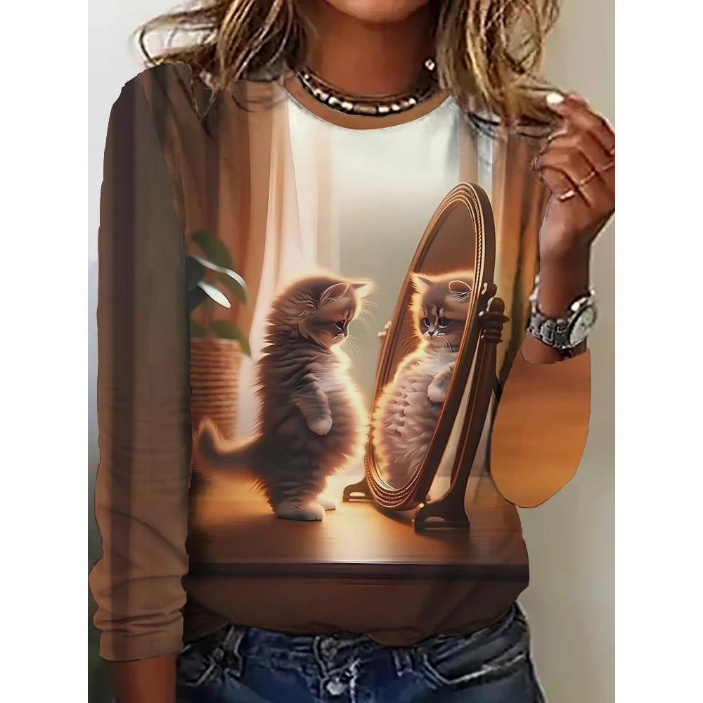 Funny Cat 3D Digital Printed Women's Harajuku Style Casual Round Neck Long Sleeved T-shirt