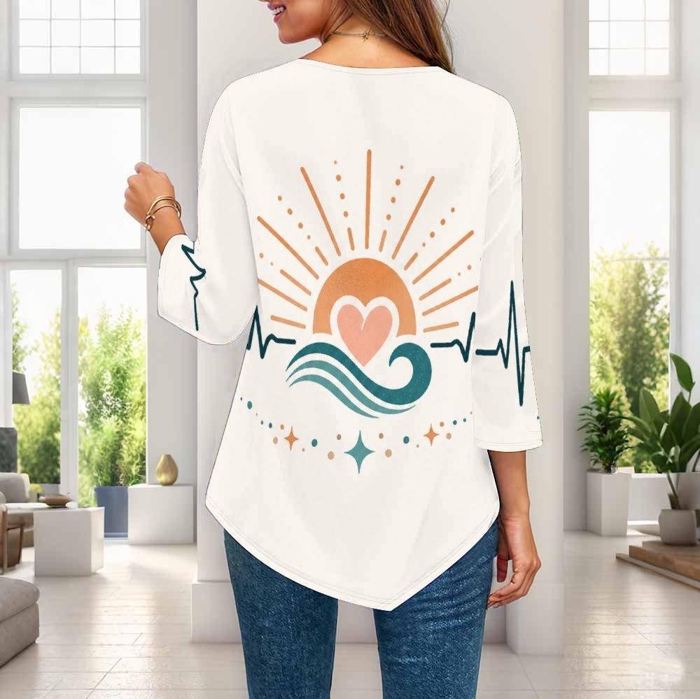 Ladies Plus Size Three Quarter Sleeve Top Pointed Hem Breathable Loose Casual For Daily Commute