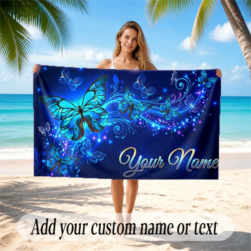 Butterfly Theme Soft Beach Towel Personalized Custom Name Text Towel Portable for Beach Pool Travel