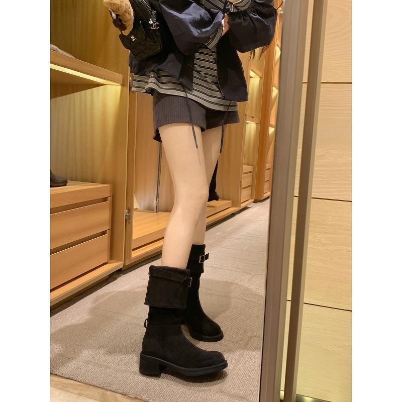 Sheepskin~ Korean version niche design belt buckle two wear boots retro suede temperament trouser tube boots thin knight boots