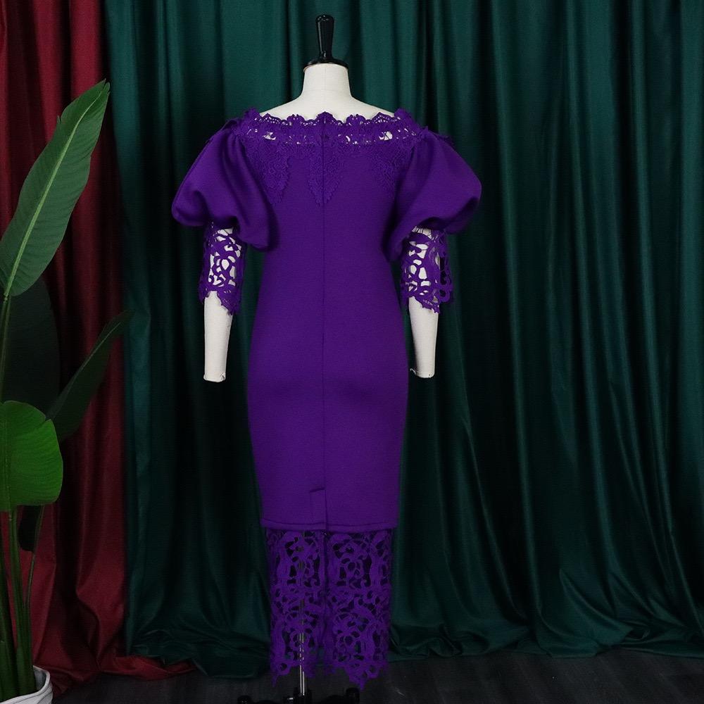Abiti Scollati Donna Eleganti Maniche a Lanterna Patchwork di Pizzo Tubino Pacchetto Fianchi Lunghezza Caviglia Vestito di Compleanno