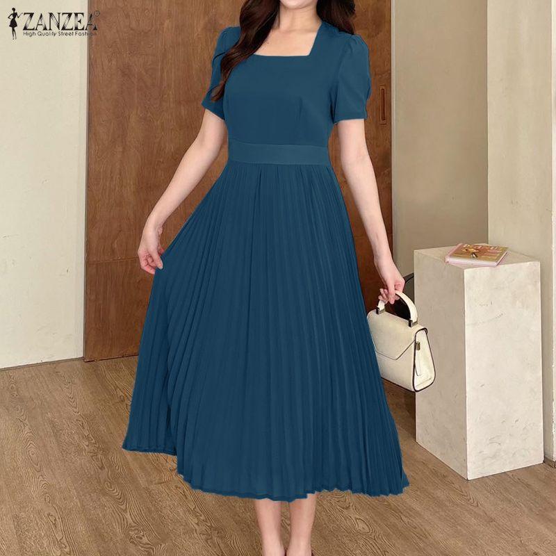 ZANZEA Women Square Collar Summer Casual Short Sleeve Dress