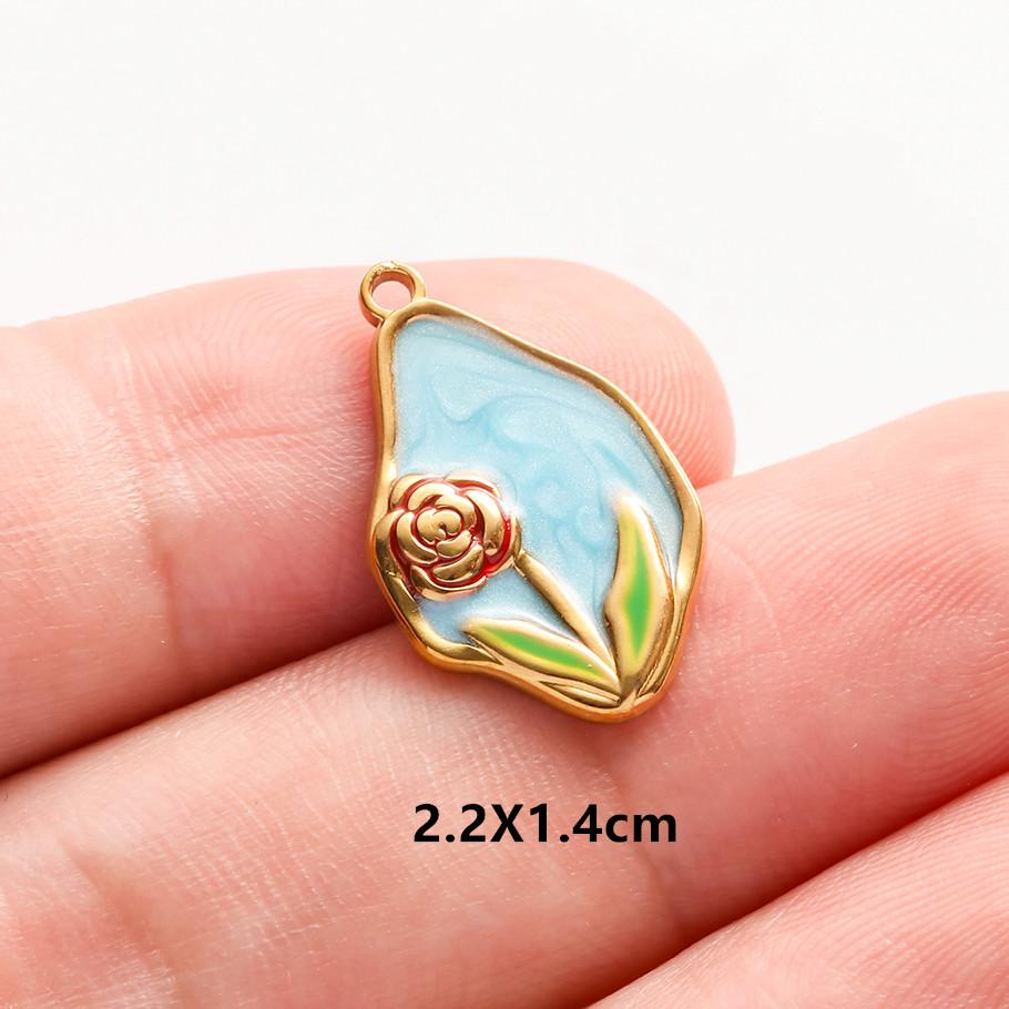3 pezzi Ciondoli Fiore Eleganti Fatti a Mano a Goccia d'Olio Rosa Blu Acciaio Inossidabile Per Creazione Gioielli Collana Bracciale Portachiavi