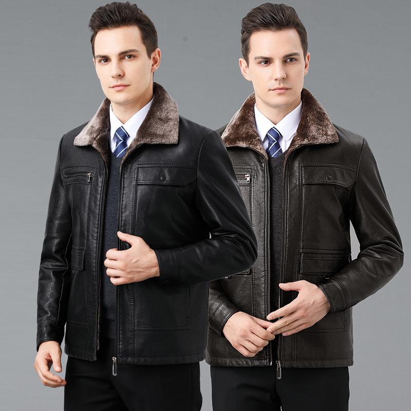 Echte Lederjacke Herren Pelz Integriert Mittleren Alters Vaters Samt Verdickt Revers Echte Lederjacke
