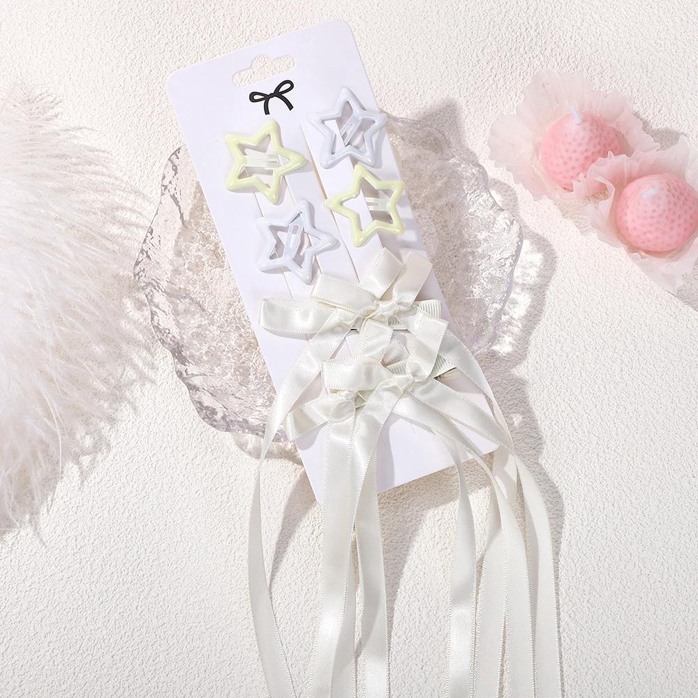 6pcs/set Y2k Star Snap Hair Clips with Long Ribbon Bowknot Barrettes for Women Girls Double Ponytail Headwear Hair Accessories