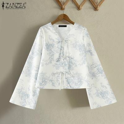 Women Vintage V-Neck Flare Long Sleeve Printed Blouses