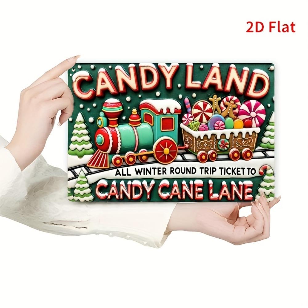 Vintage Candyland Metal Wall Art - Winter Candy Cane Lane Ticket Decor with Colorful Train & Gingerbread, 7.87x11.81 Inch Outdoo