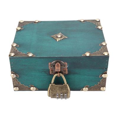 Wood Treasure Box with Combination Lock Exquisite Vintage Handcrafted Reinforced Corners Jewelry Storage Case