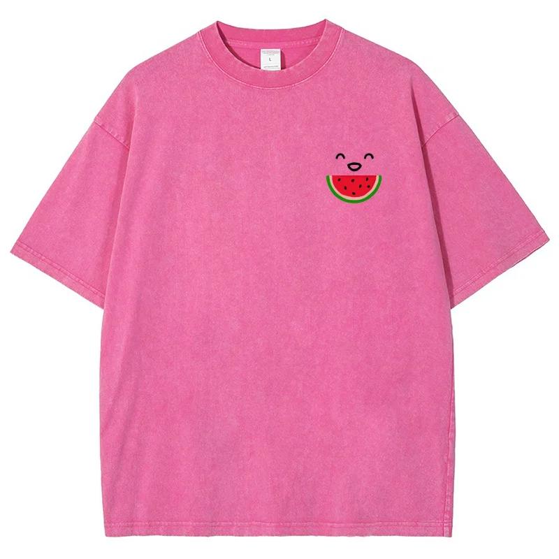 Sommer Wassermelonenmuster T-Shirt für Männer und Frauen Gewaschen und Distressed Lässig Kurzarm Streetwear T-Shirt