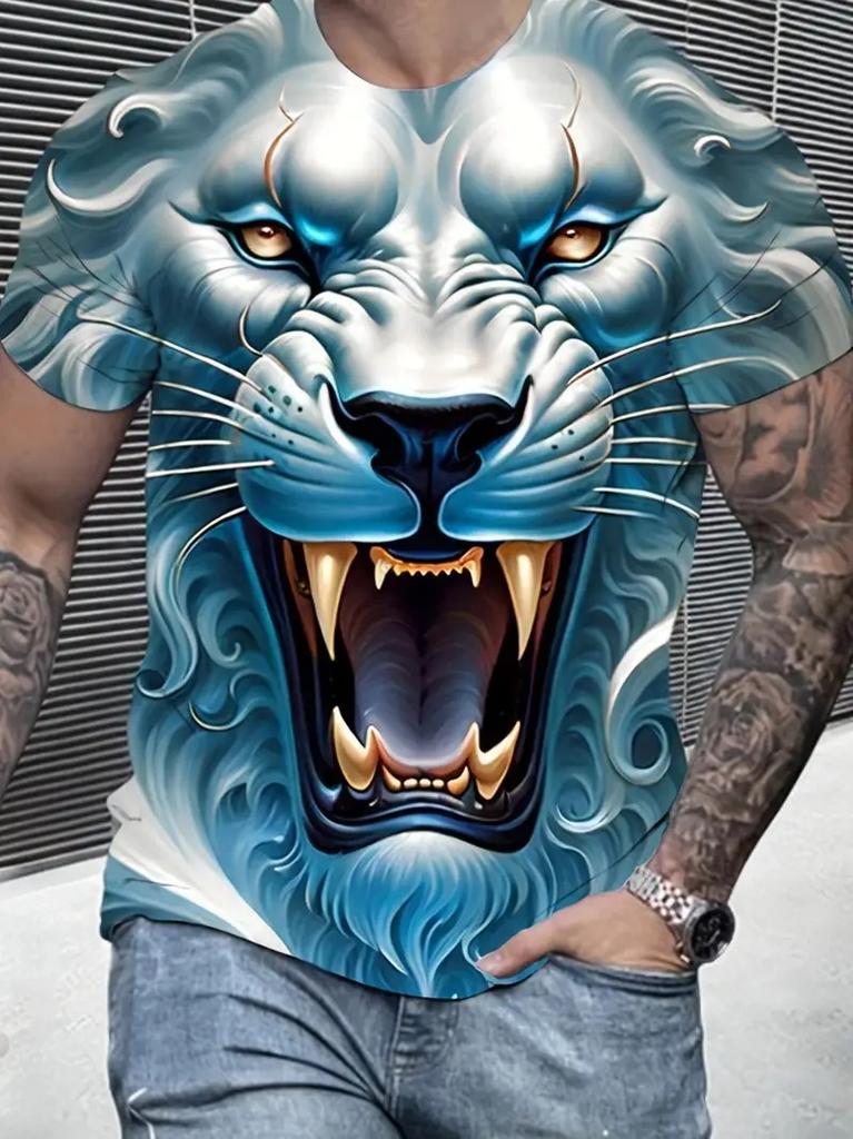 3D Plus Size Men's Lion Print T-shirt Summer Short Sleeve Crew Neck Tees Shirts For Men New In Animal Lion Graphic Tshirts Tops