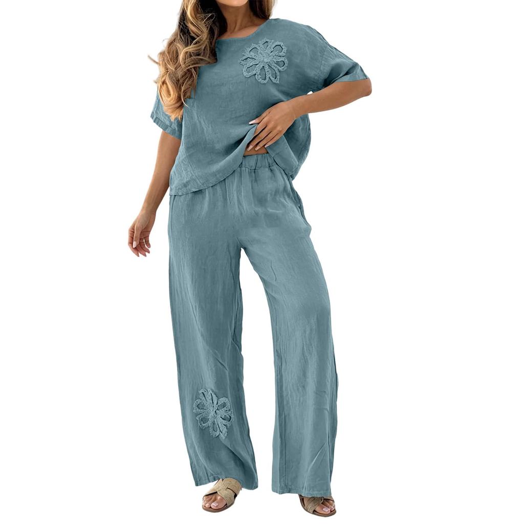 Women's Casual Loose Fit Embroidered Short Sleeve Top and Wide Leg Pants Two-Piece Set
