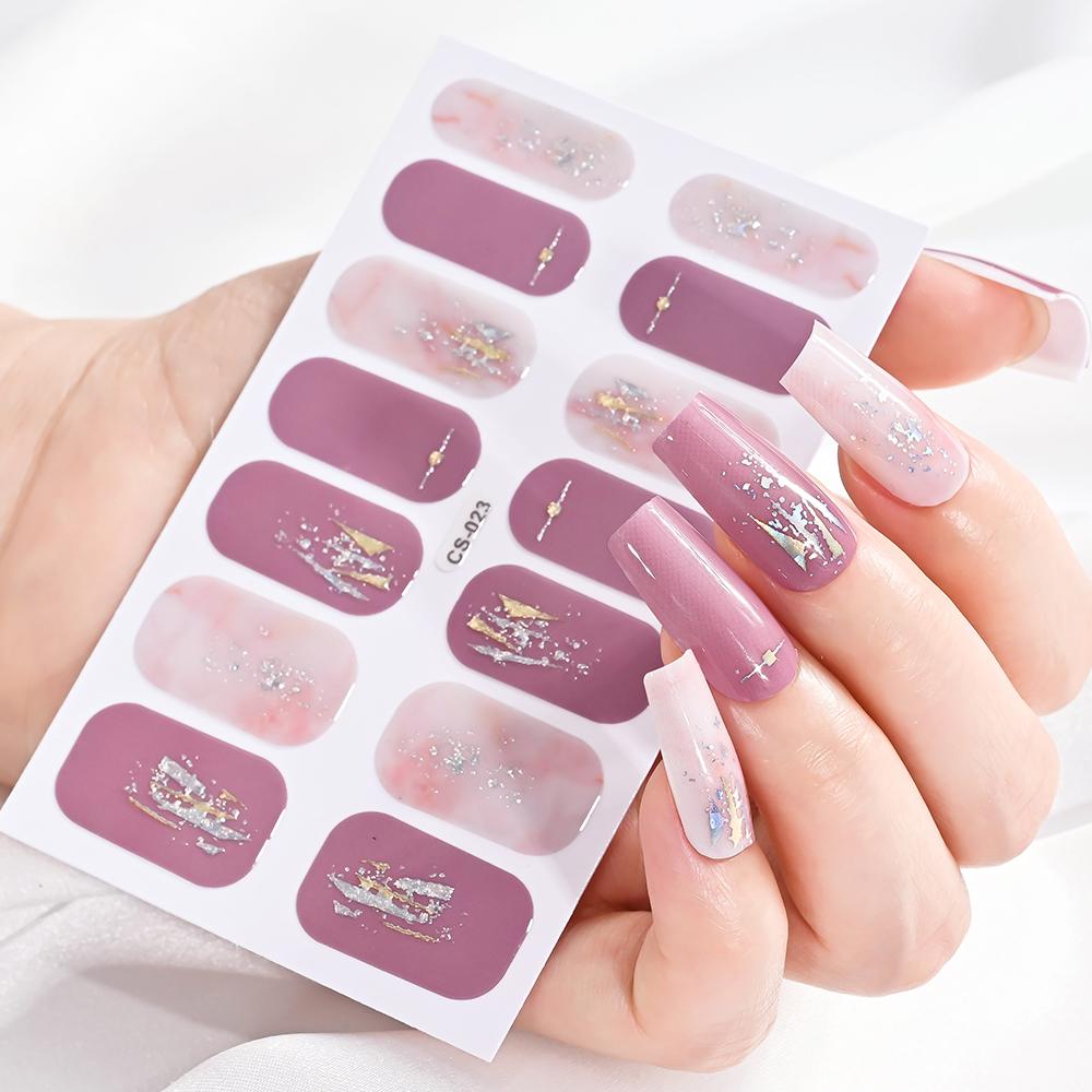 14 Tips/sheet Women Girls Full Cover Self-adhesive Nail Polish Stickers Baking Free Marble, Shell Pattern Nail Wrap Decals Decor