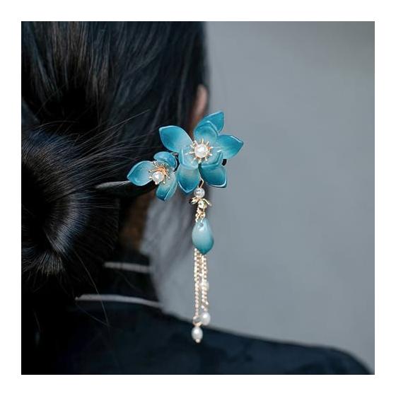 Kaka&lotus Handmade Wooden Hair Stick with Double-Sided Blue Lapis Lazuli Lotus Flower Charm, Approx. 18cm, for Women, Everyday Wear, Traditional