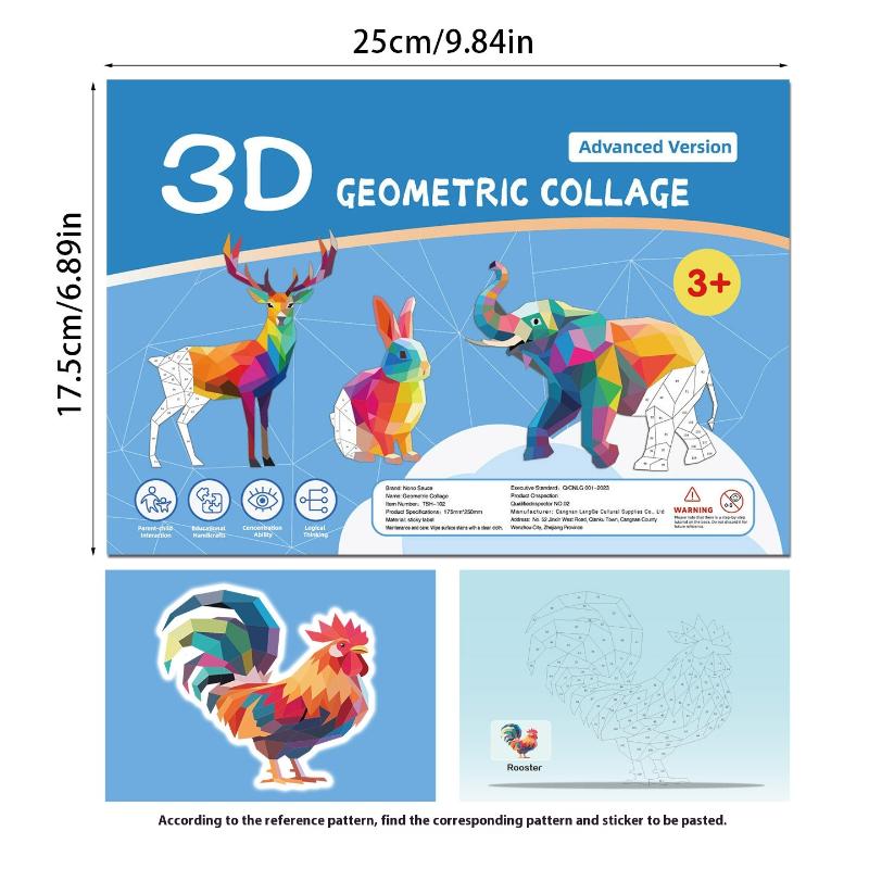 1 Sada Zvířecí Kognitivní Trénink Osvícení Hračka Samolepky 3D Geometrické Koláže Dětské Puzzle Zlepšit Soustředění Ručně Vyráběné Samolepky