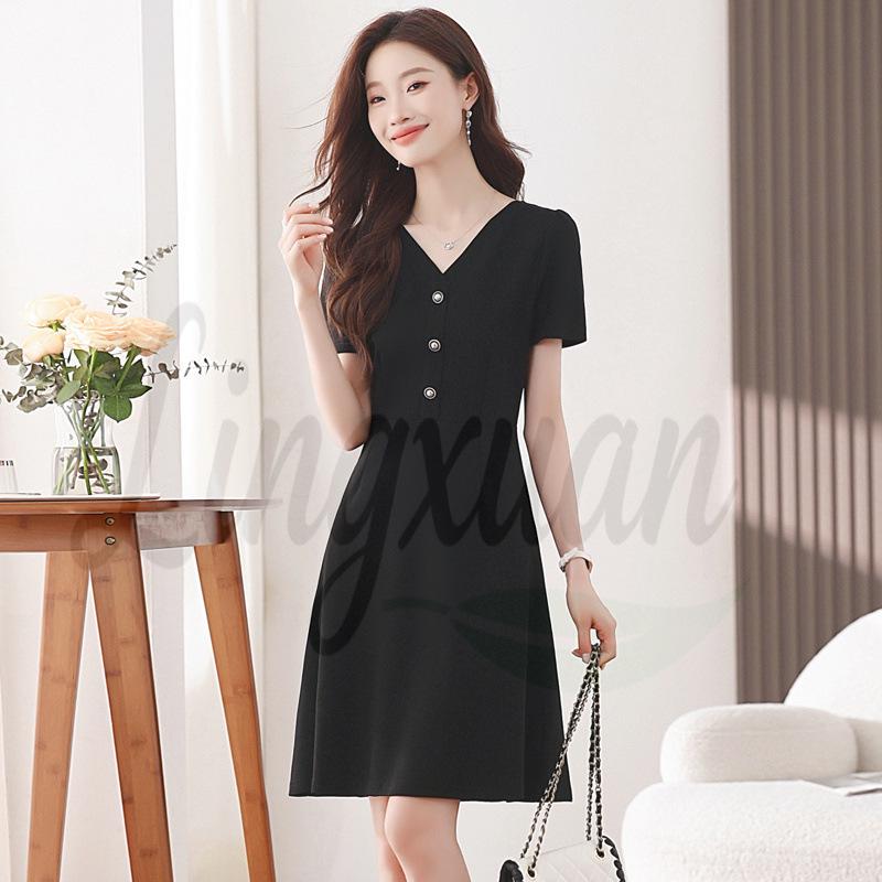 Summer 2026 Hepburn-Style V-Neck Slimming Little Black Dress with Puff Sleeves L
