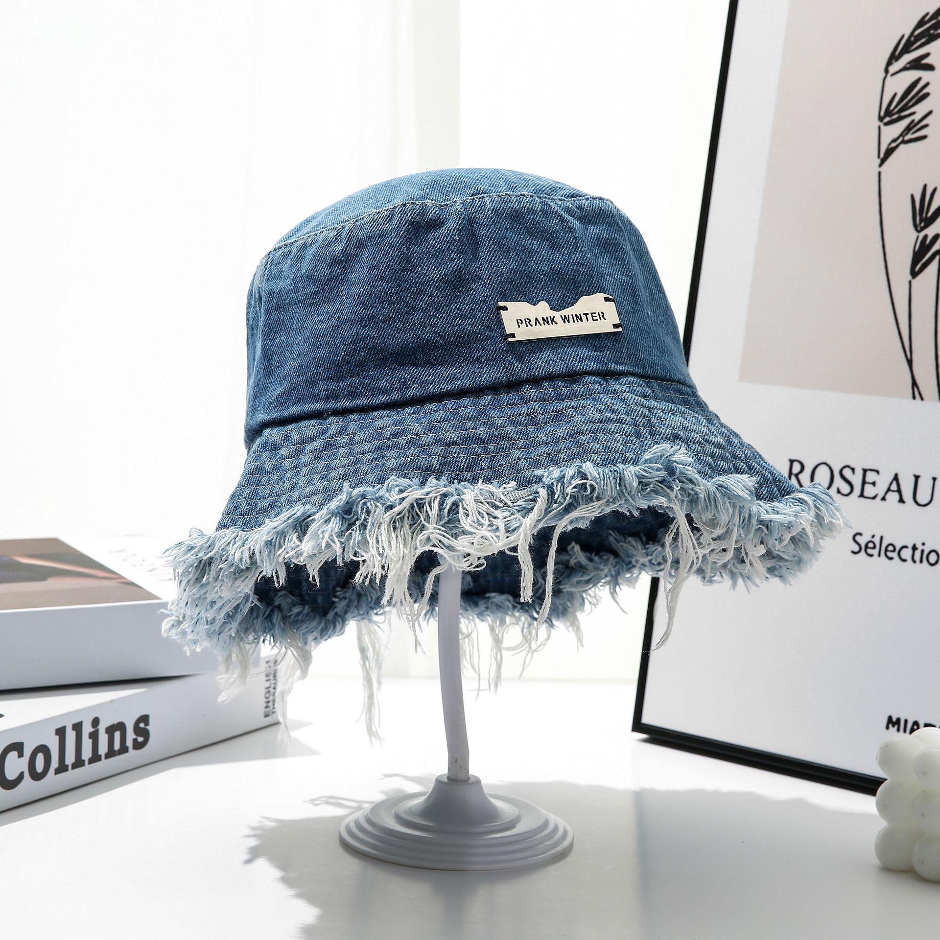 

Women s Korean Style Raw Edge Denim Bucket Hat Metal Logo Retro Sun Protection Flattering Solid Color Fisherman Casual Spring One Size
