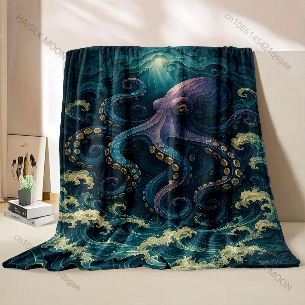 1PC Giant octopus waves light beam Print Blanket Flannel Material Soft Warm for All Seasons Home Outdoor Camping Picnics RV