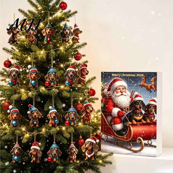 Regalo per Festa di Natale Calendari dell'Avvento Bassotto 2026, 24 Giorni Ciondolo Acrilico 2D Decorazione da Appendere all'Albero Calendario del Conto alla Rovescia, Ornamenti da Collezione Cane,