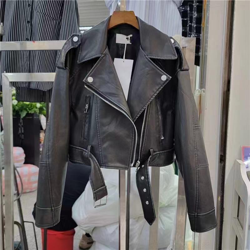 Women's Retro Hong Kong Style PU Leather Motorcycle Jacket - Short, Trendy Spring/Autumn 2023 Edition